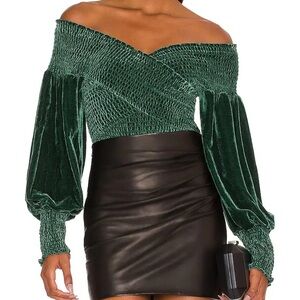 NWT BB Dakota Velvet Cake Smocked Off the Shoulder Blouson Sleeve Top